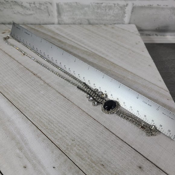 Vintage Y Drop Necklace Black Clear Faceted Rhinestone Crystal Fold Over Clasp - Picture 10 of 10